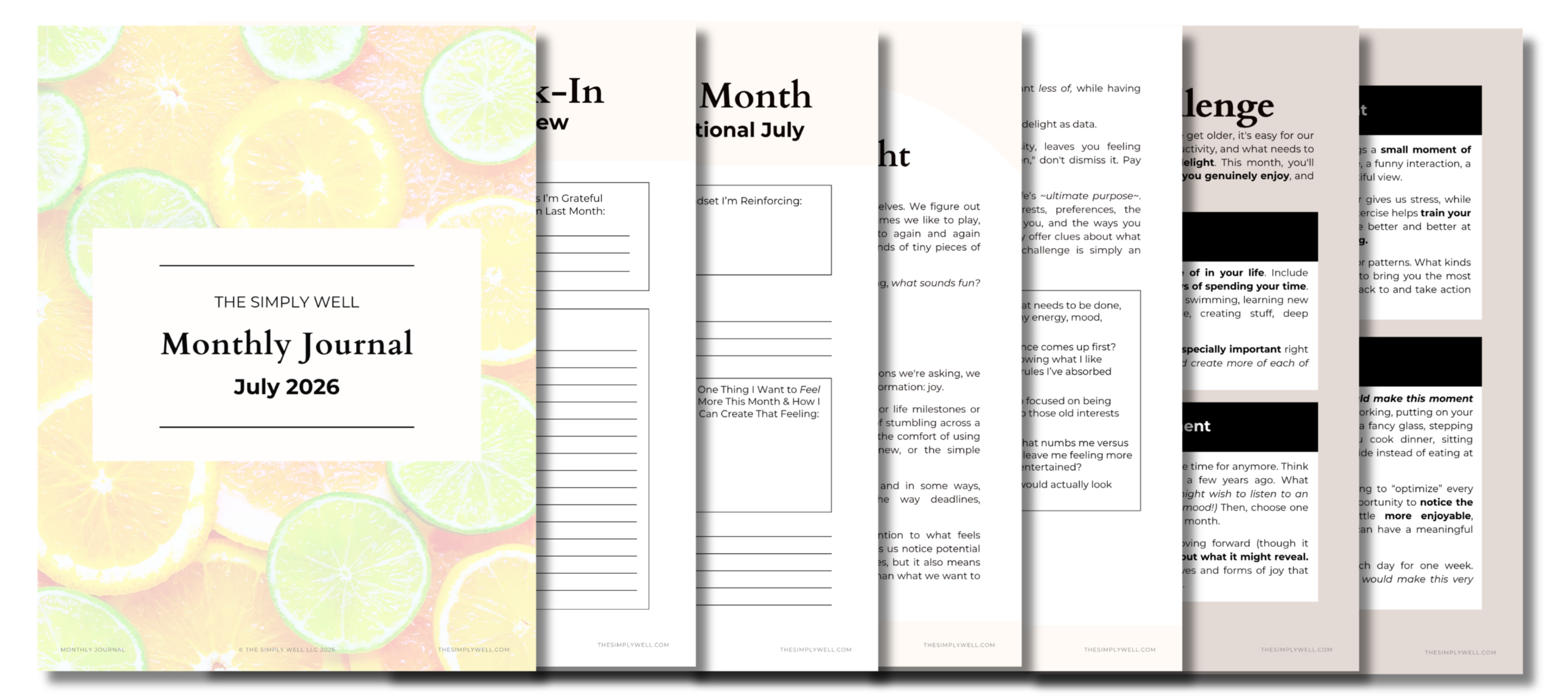 Mockup preview of this month's Monthly Journal and sample pages.