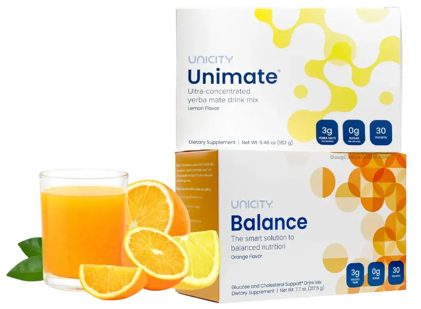 The Feel Great System with Unicity Balance and Unimate, showcasing a glass of orange-flavored fiber matrix and lemon yerba mate for managing weight and blood sugar levels.