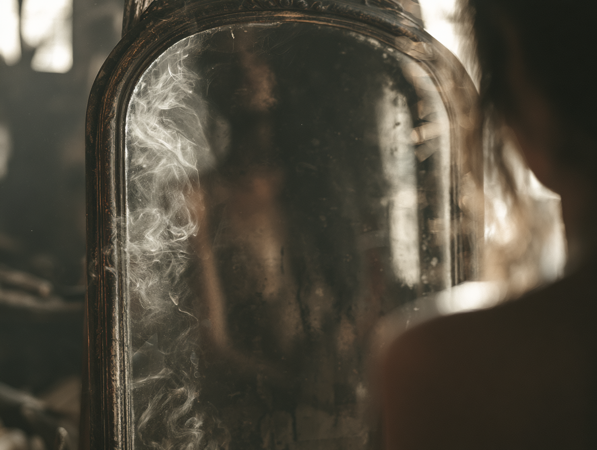 Smoky antique mirror representing reflection and visibility