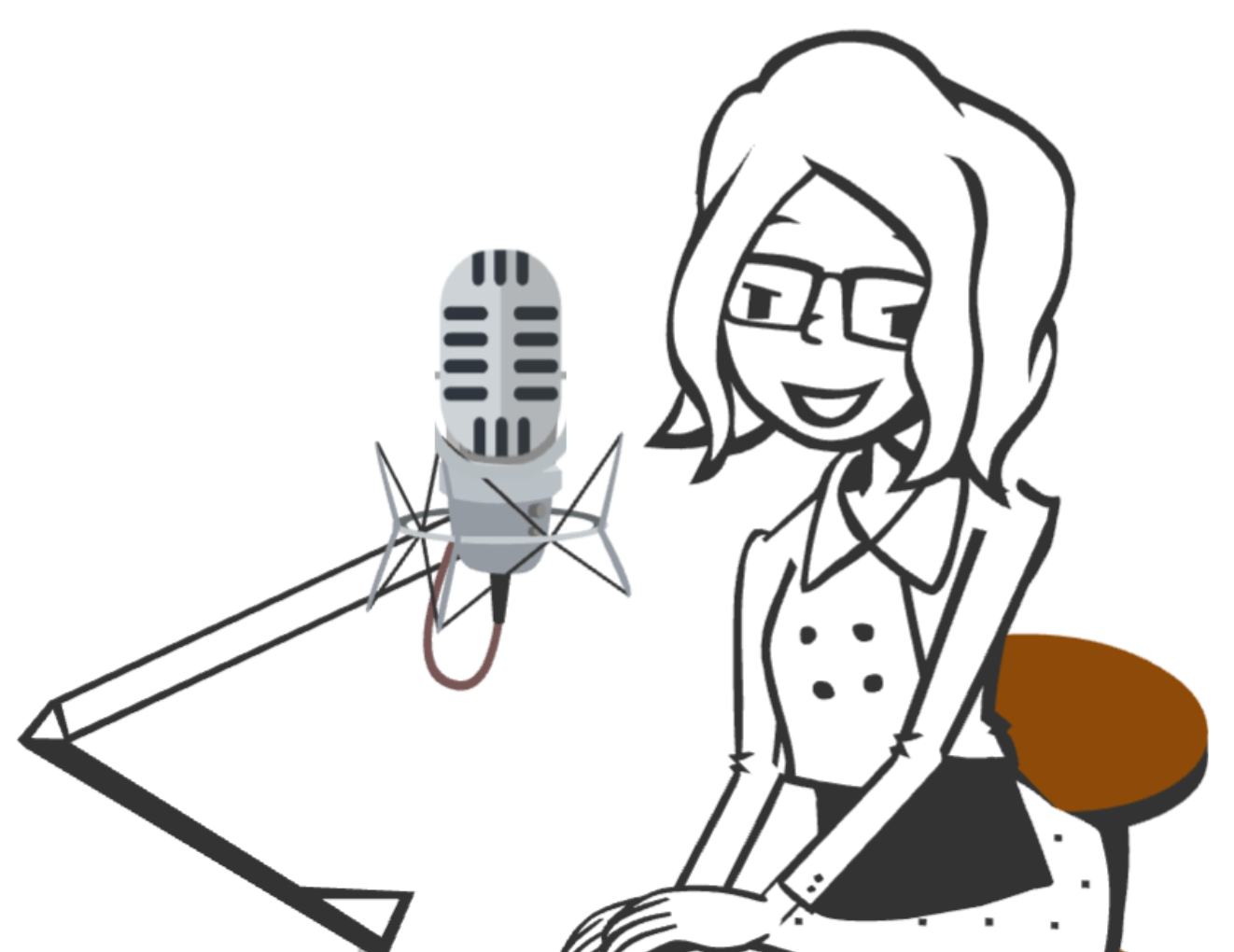 Illustration of Charis Santillie at a microphone recording a podcast with her dog on her lap