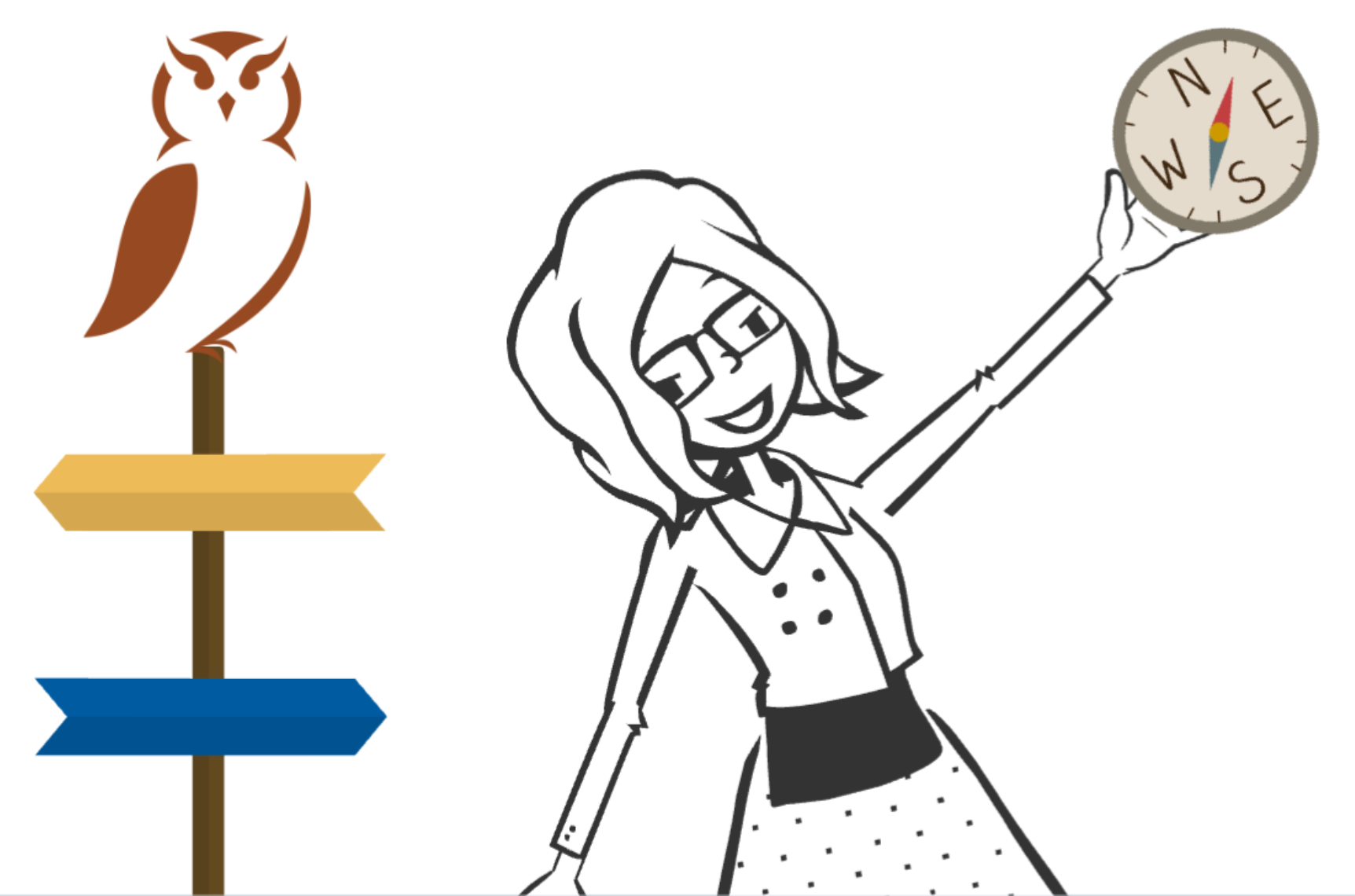 Illustration of Charis Santillie holding a compass, with an owl sitting on a directional sign