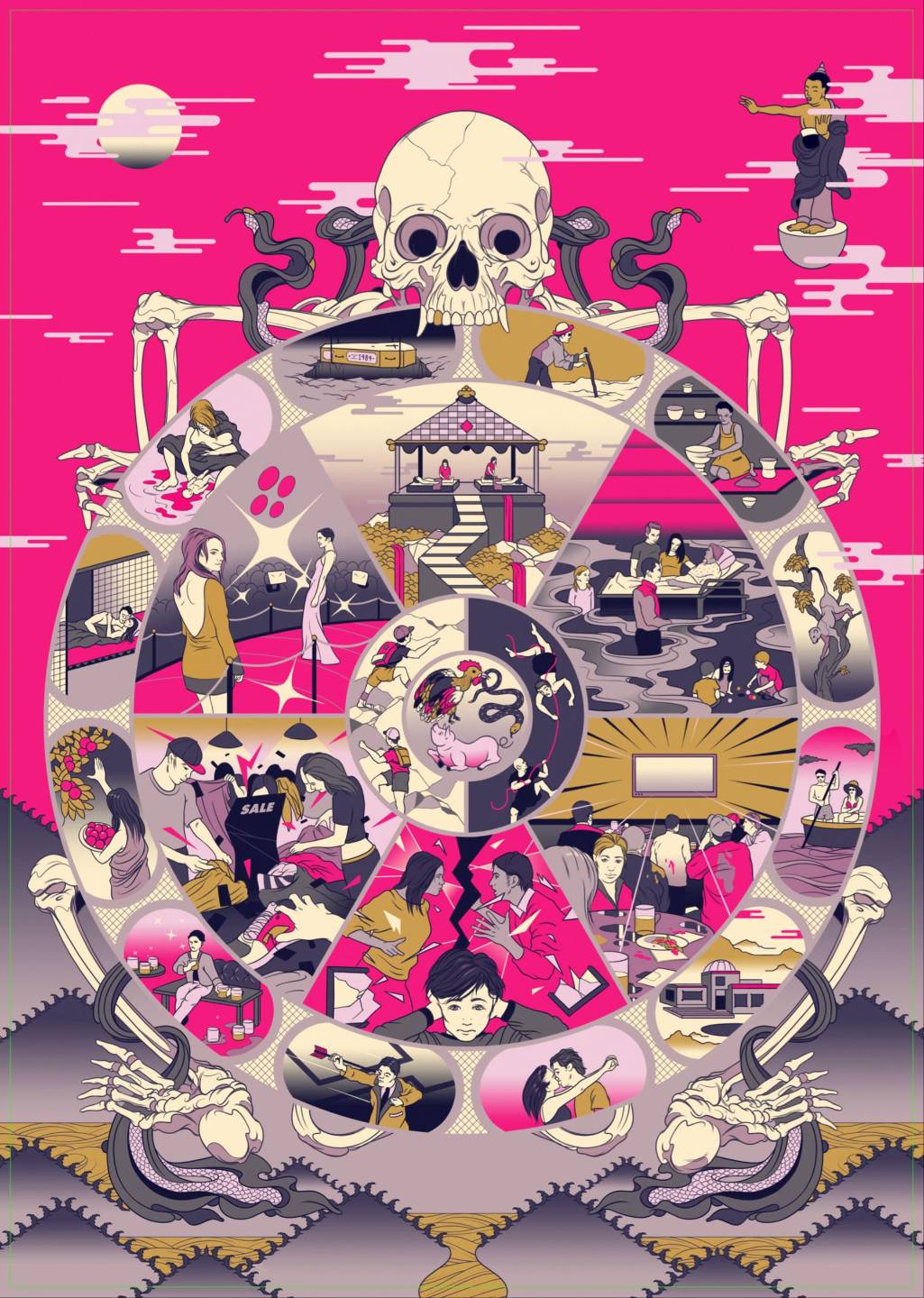 人の感情を6つに分類した六道絵の現代版——今の暮らしの場面が輪の中に描かれている