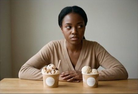 2つのアイスのカップを見比べる女性