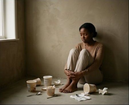 薄暗い部屋の隅で膝を抱え、手つかずのアイスが転がる女性