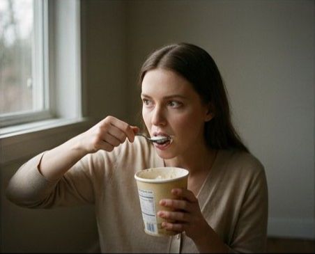 窓辺でアイスのカップを手に、満たされない表情の女性