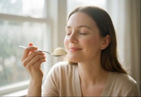 陽の差す窓辺で、目を閉じてアイスクリームを味わう女性