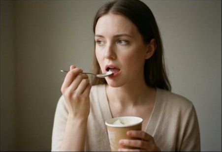 スプーンを口元で止め、思案する女性