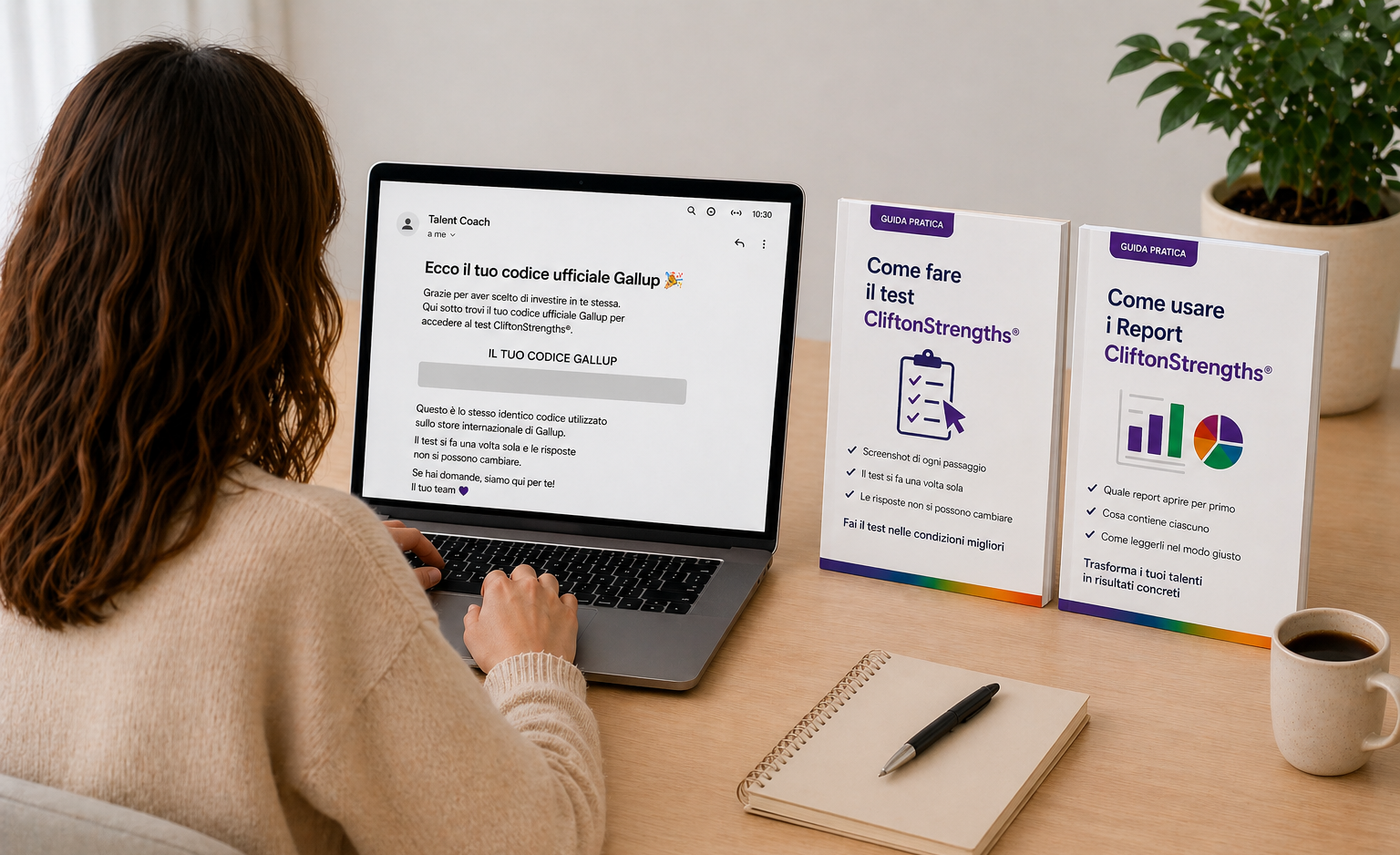 Cosa ricevi acquistando da Enjoy Formazione: email con codice ufficiale Gallup CliftonStrengths, Guida Come fare il test e Guida Come usare i Report