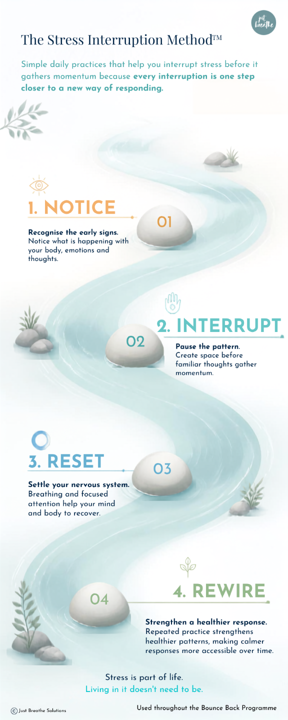 Illustration of the four stages of the Stress Interruption Method: Notice, Interrupt, Reset and Rewire, showing how repeated practice creates healthier responses to stress.