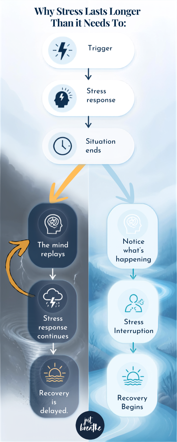 Diagram showing how replaying stressful thoughts can prolong the stress response and how the Stress Interruption Method supports recovery.