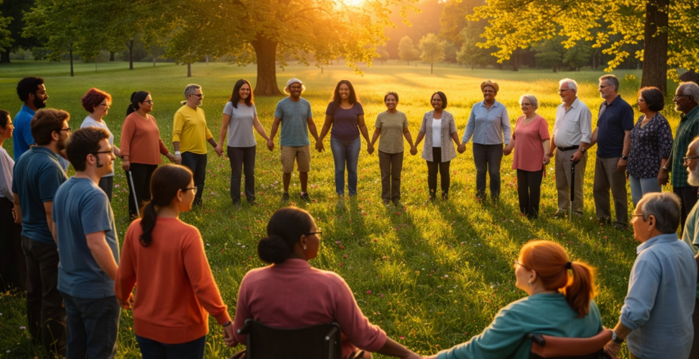 A diverse group holding hands in a circle int he middle of grassy sunny meadow