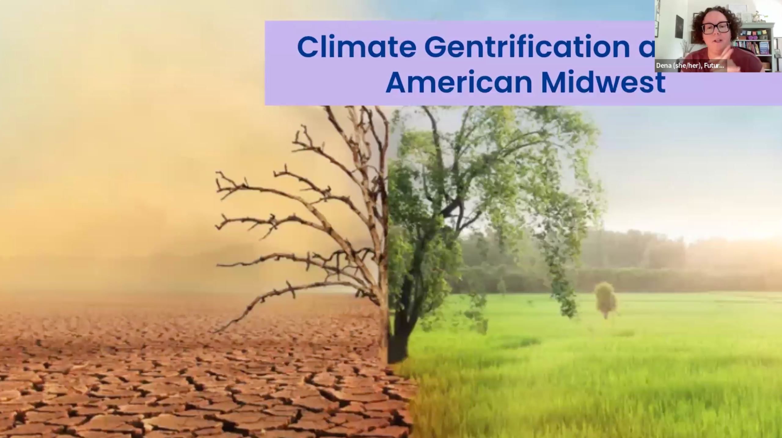Split-image slide titled "Climate Gentrification and the American Midwest," showing a barren, cracked drought landscape with a dead tree on the left transitioning to a lush green field with healthy trees on the right. A video call thumbnail in the top corner shows Dena presenting.