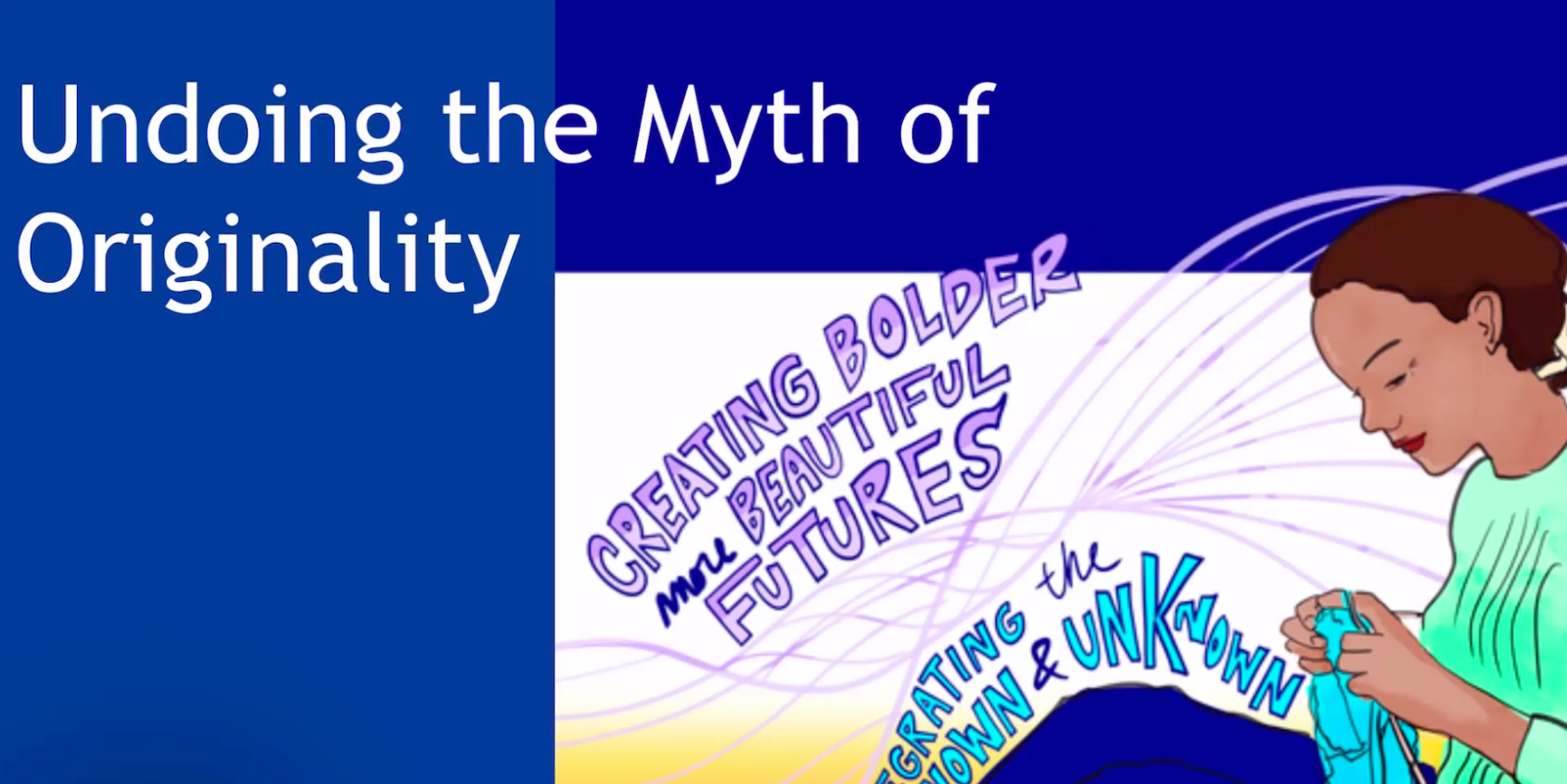 A brown skinned woman knits a blanket depicting the future