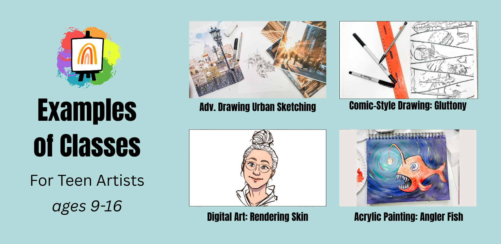 Examples of online art classes for teen artists in drawing, painting, digital art, and comic style drawing