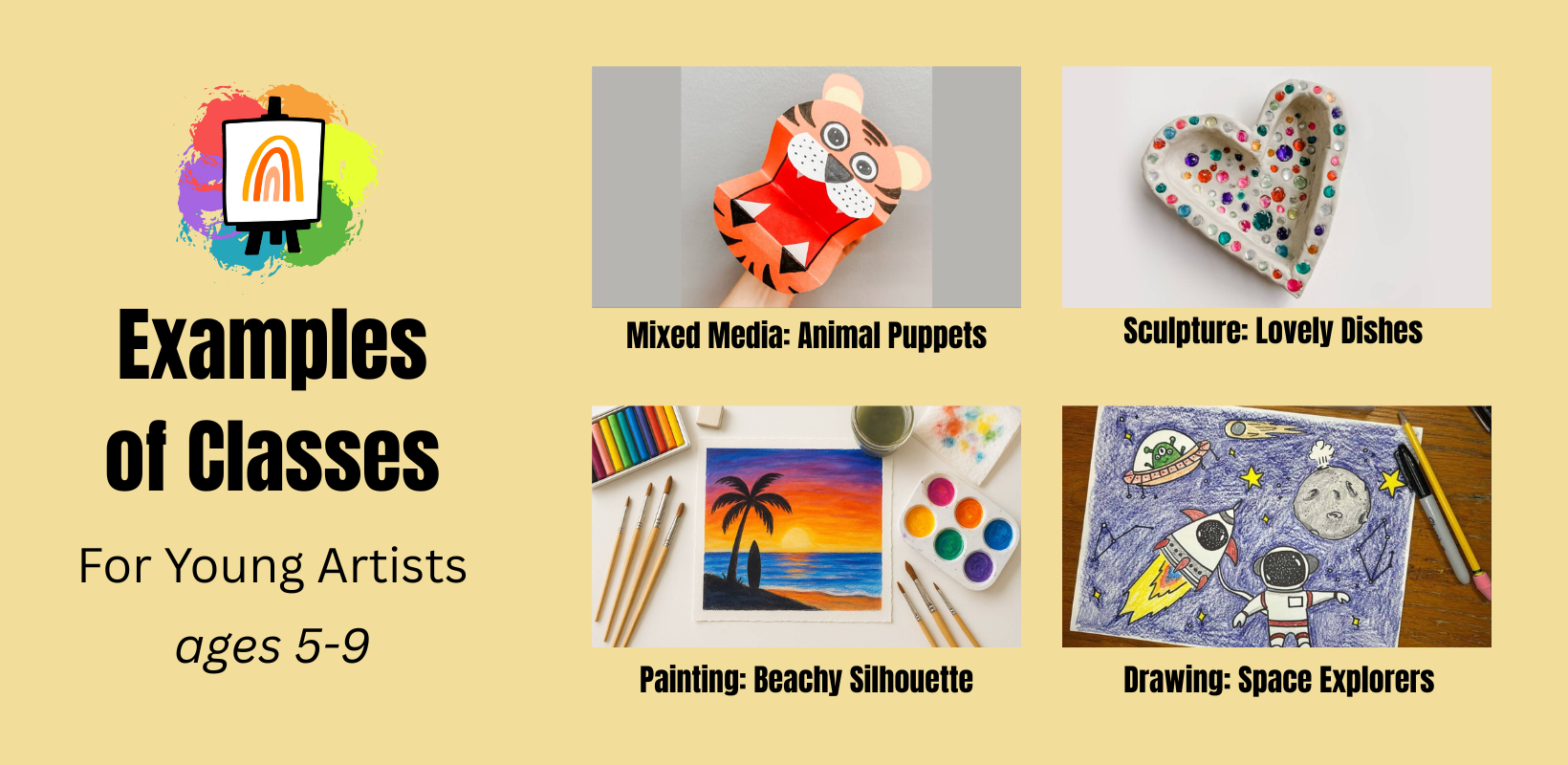 Examples of online art classes for elementary age artists in drawing, painting, mixed media, and sculpture