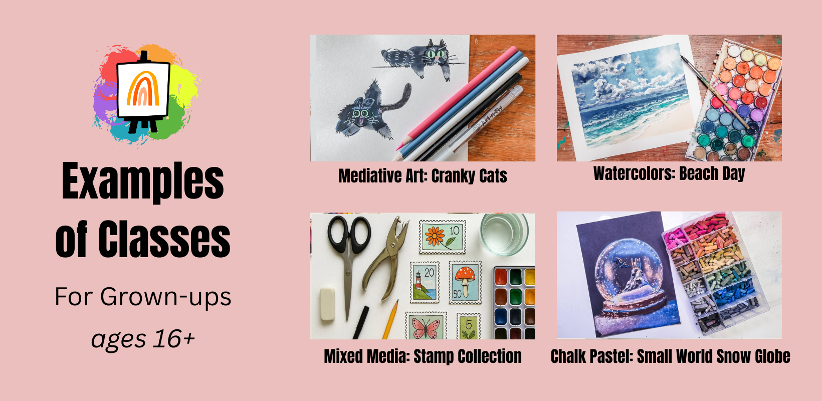 Examples of online art classes for grown-ups: Watercolor, mixed media, chalk pastel drawing