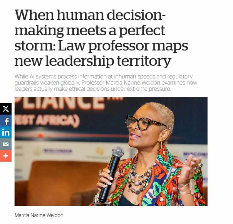 Read: Marcia Narine Weldon speaking at a compliance conference in West Africa, University of Miami feature on leadership under pressure