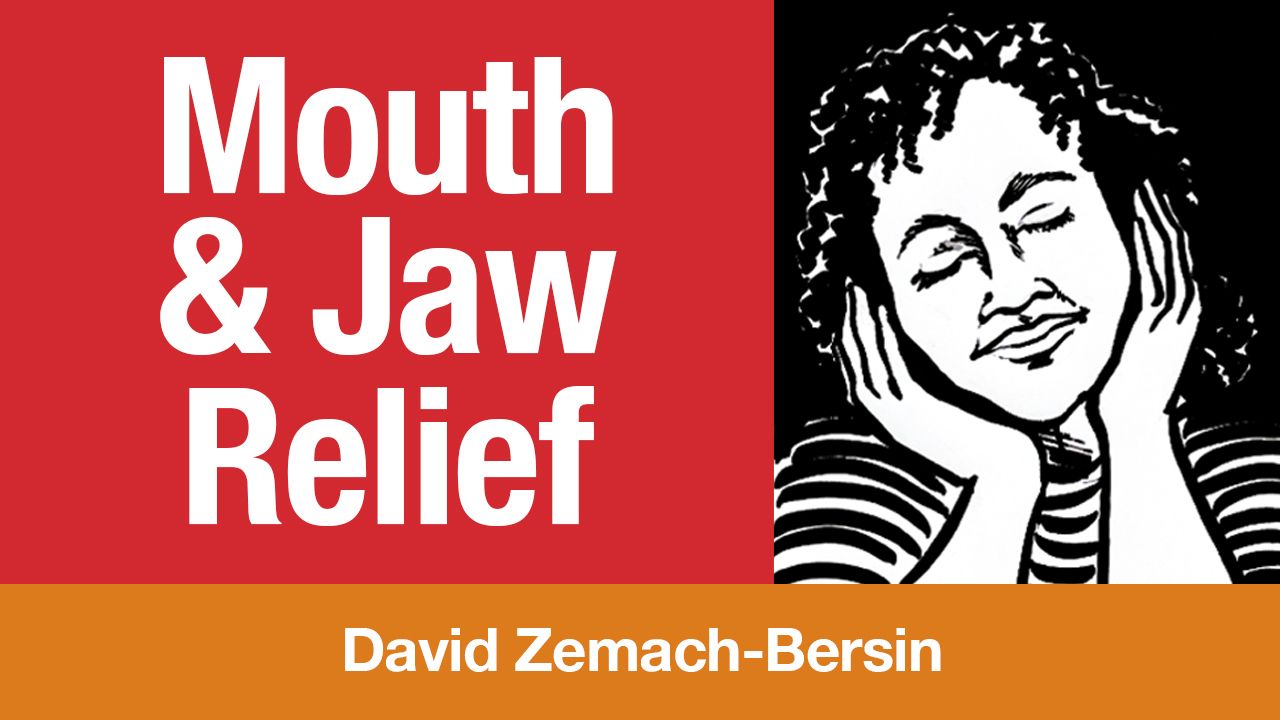 Person with curly and closed eyes cups face with hands while wearing a striped shirt as an illustration of online Feldenkrais Method lessons for Mouth & Jaw Relief