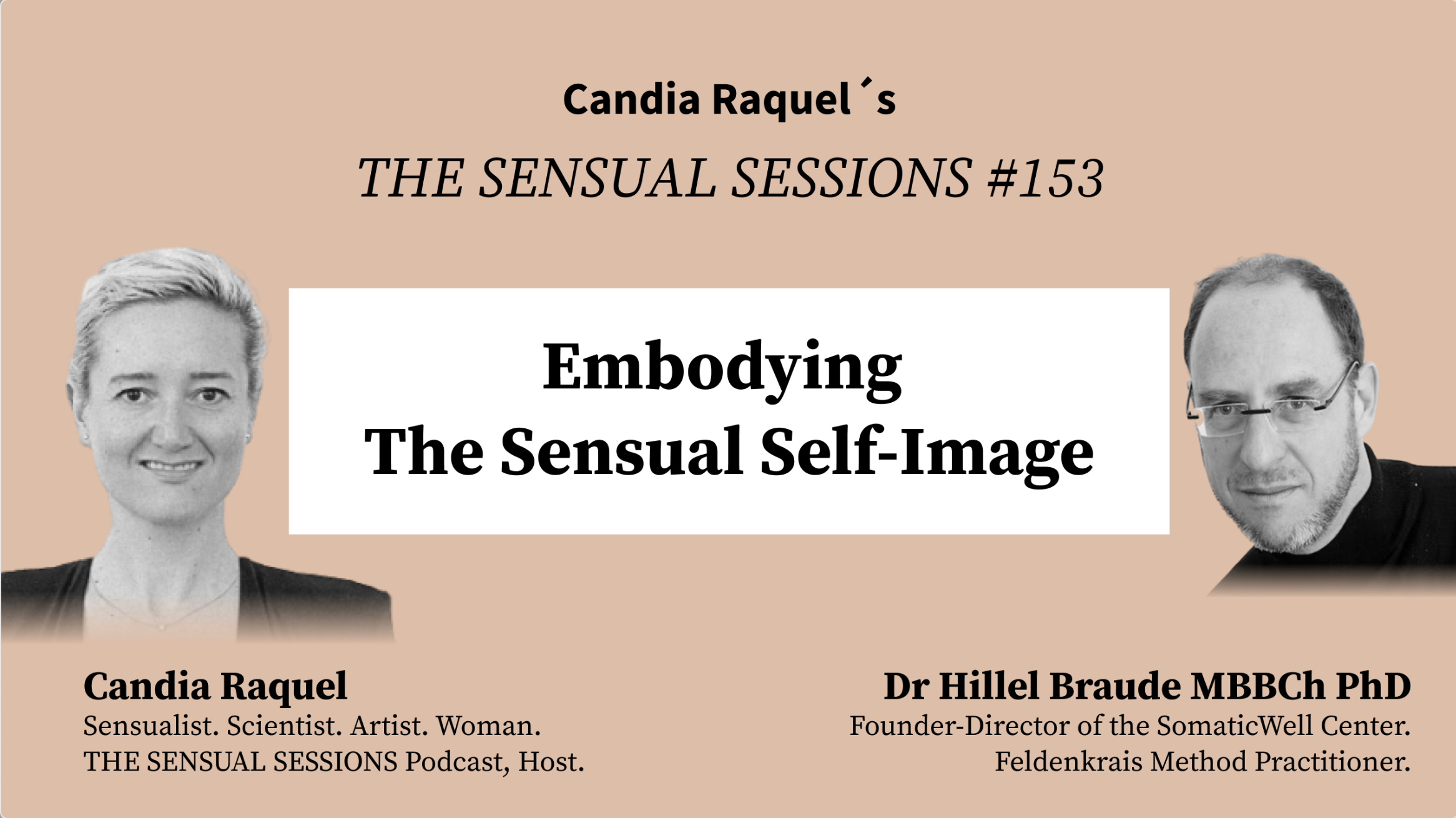 Cover of episode #153 “Embodying The Sensual Self-Image” of The Sensual Sessions Podcast with host Candia Raquel and guest Dr Hillel Braude MBBCh PhD, Founder-Director of the SomaticWell Center, Feldenkrais Method Practitioner.