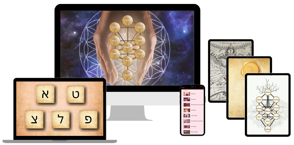 Magic of Qabala online course interface featuring Tree of Life symbolism and occult study materials across devices