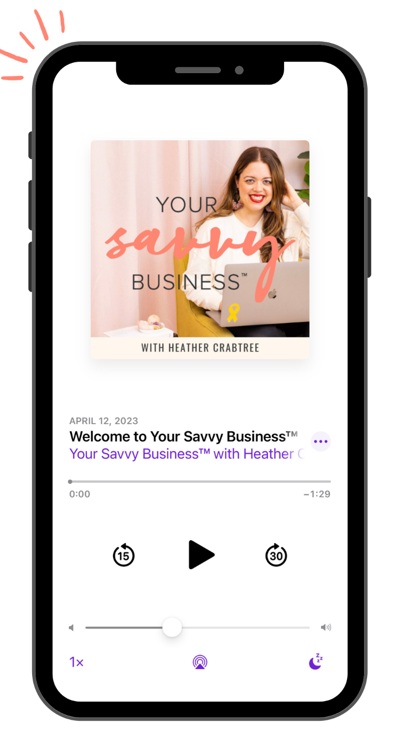 iPhone with Your Savvy Business with Heather Crabtree podcast cover on the front.