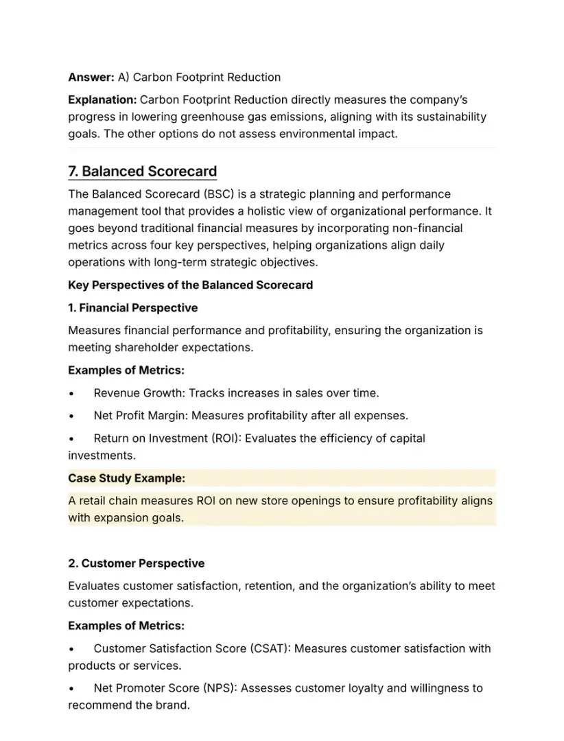 Notes page on the balanced scorecard's perspectives, with example measures and a case example