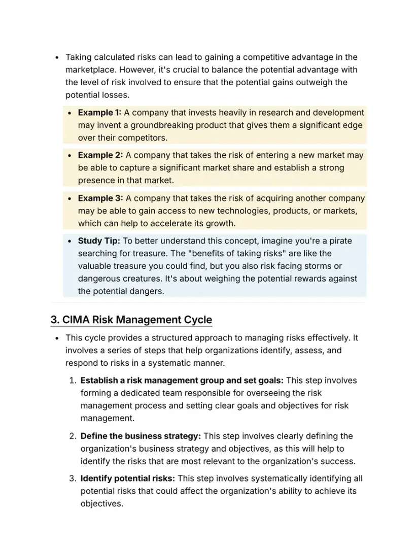 Notes page on the CIMA risk management cycle, step by step, with examples