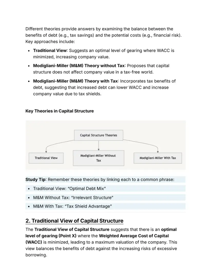 Notes page on capital structure theories with a diagram and a memory tip