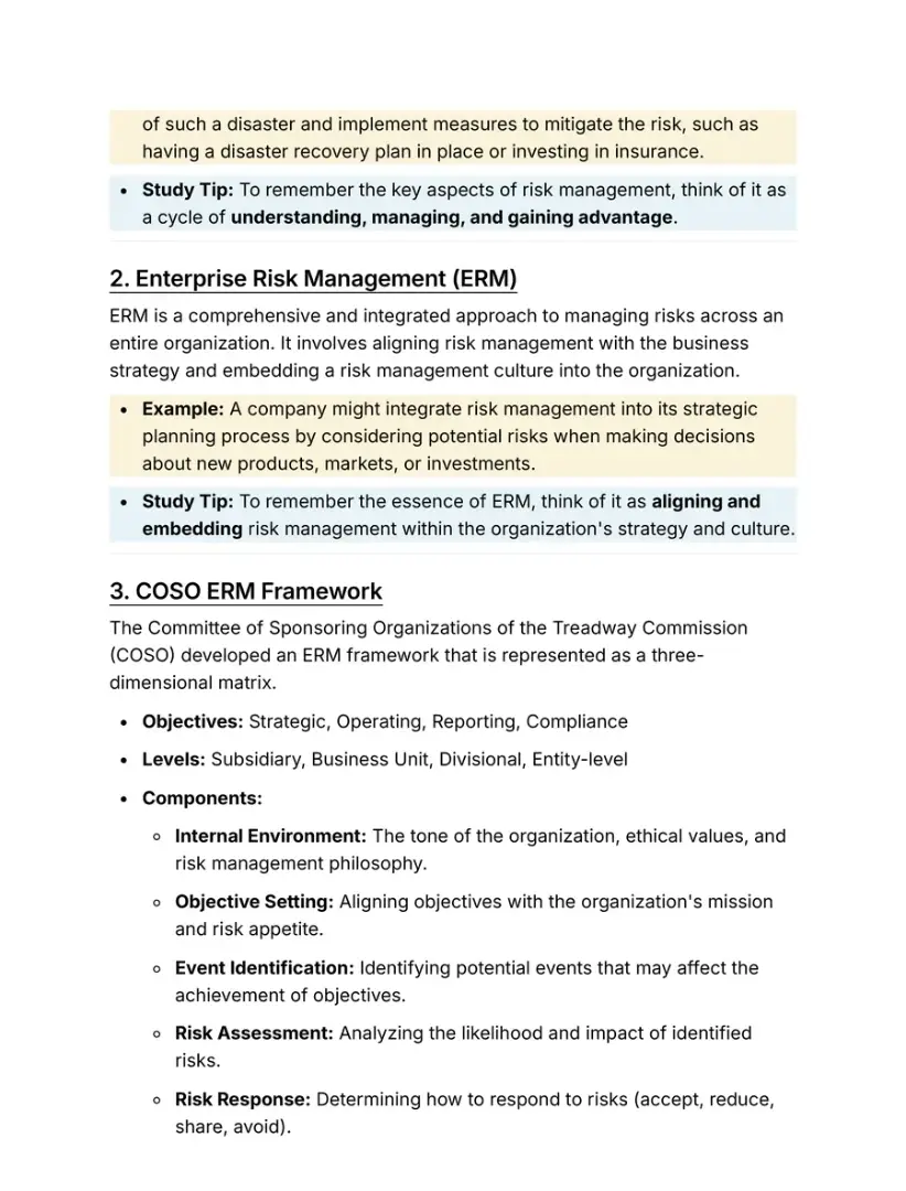 Notes page on enterprise risk management and the COSO ERM framework, with examples