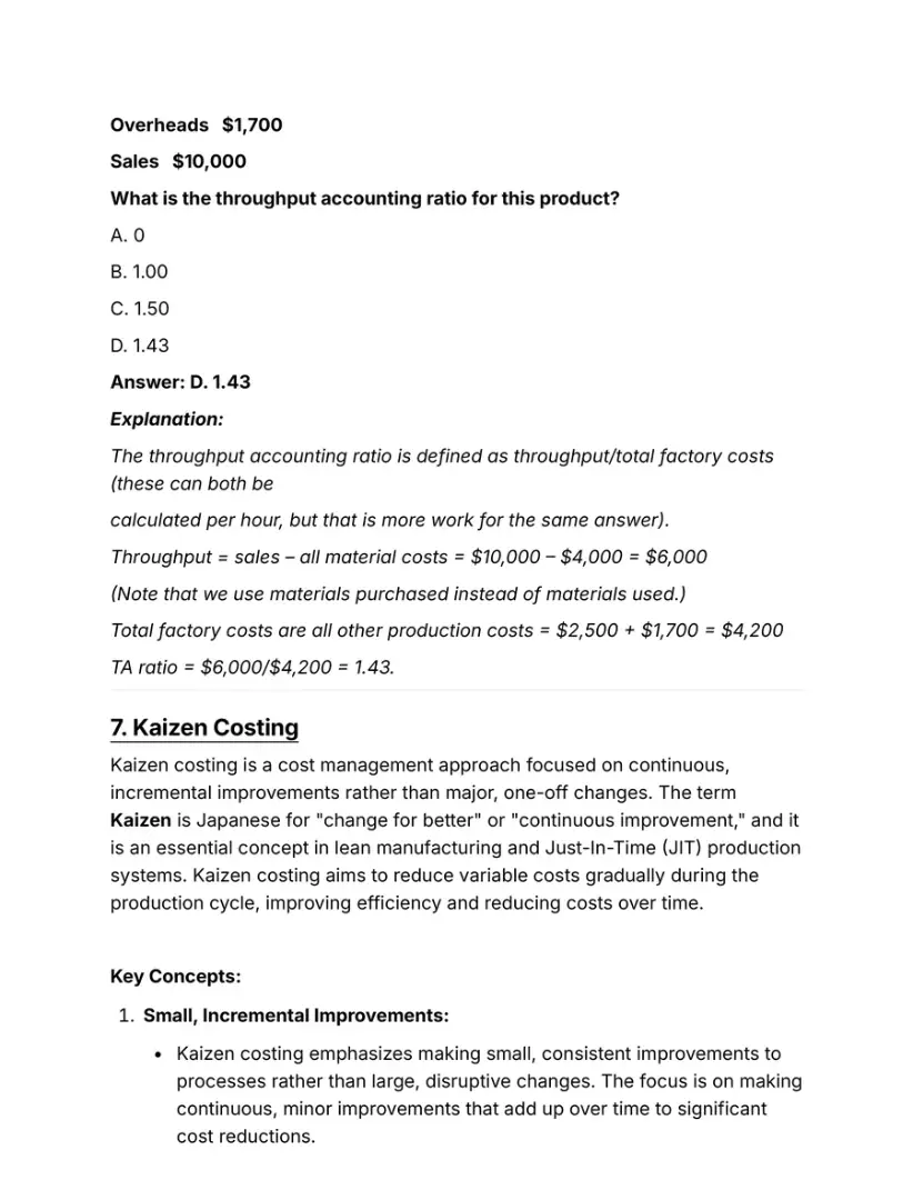 Notes page with a worked throughput accounting ratio question and its explanation