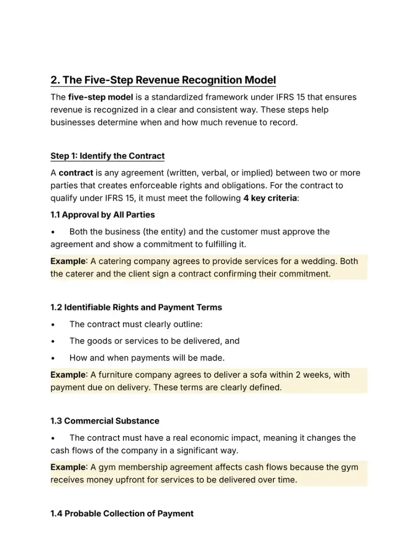Notes page on the IFRS 15 five-step revenue model with worked examples