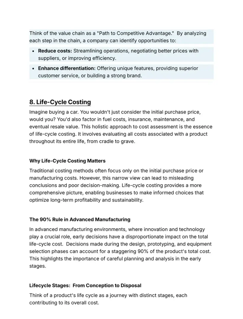 Notes page on value chains and life-cycle costing