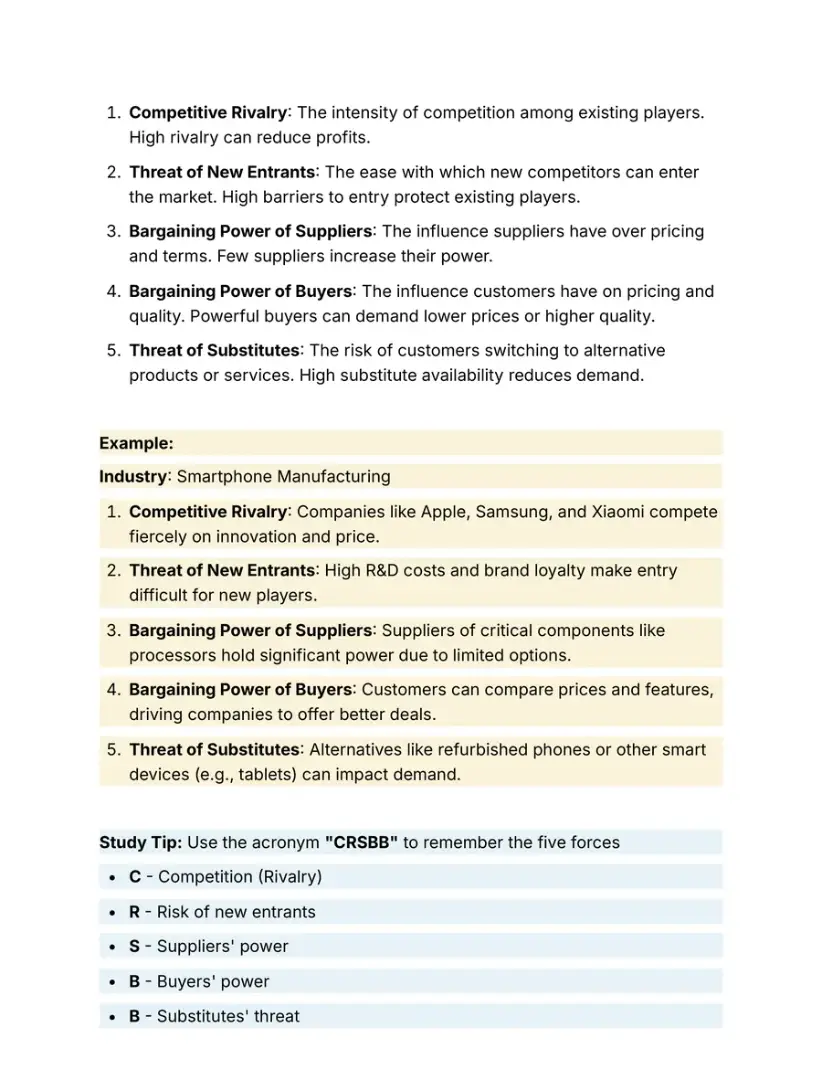 Notes page on Porter's five forces with a worked example and the CRSBB study tip