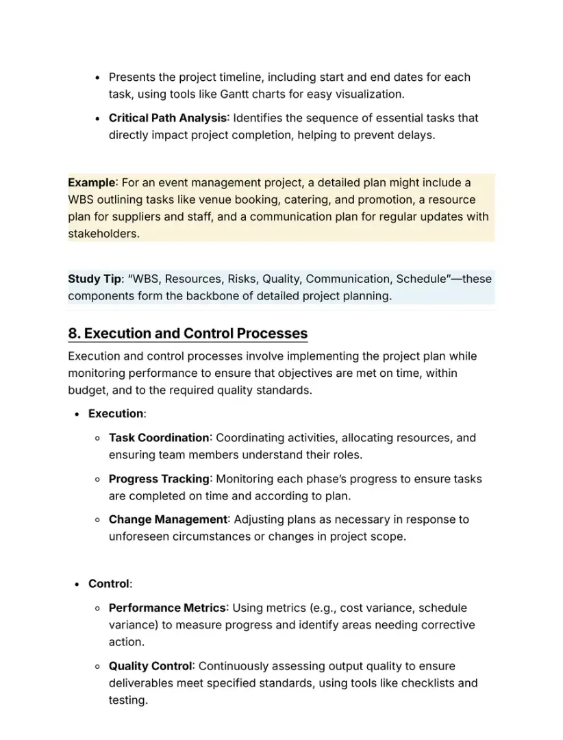 Notes page on project plans and critical path analysis, with an example and a study tip