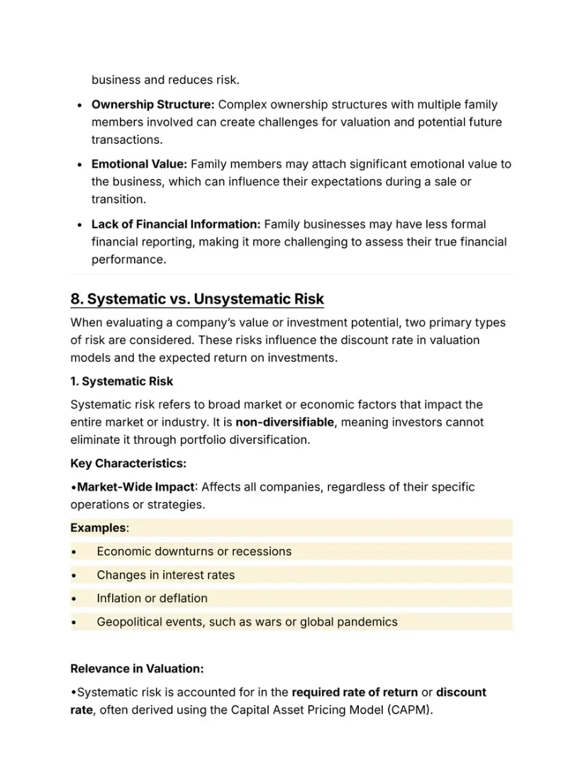 Notes page on systematic and unsystematic risk in valuation, with examples