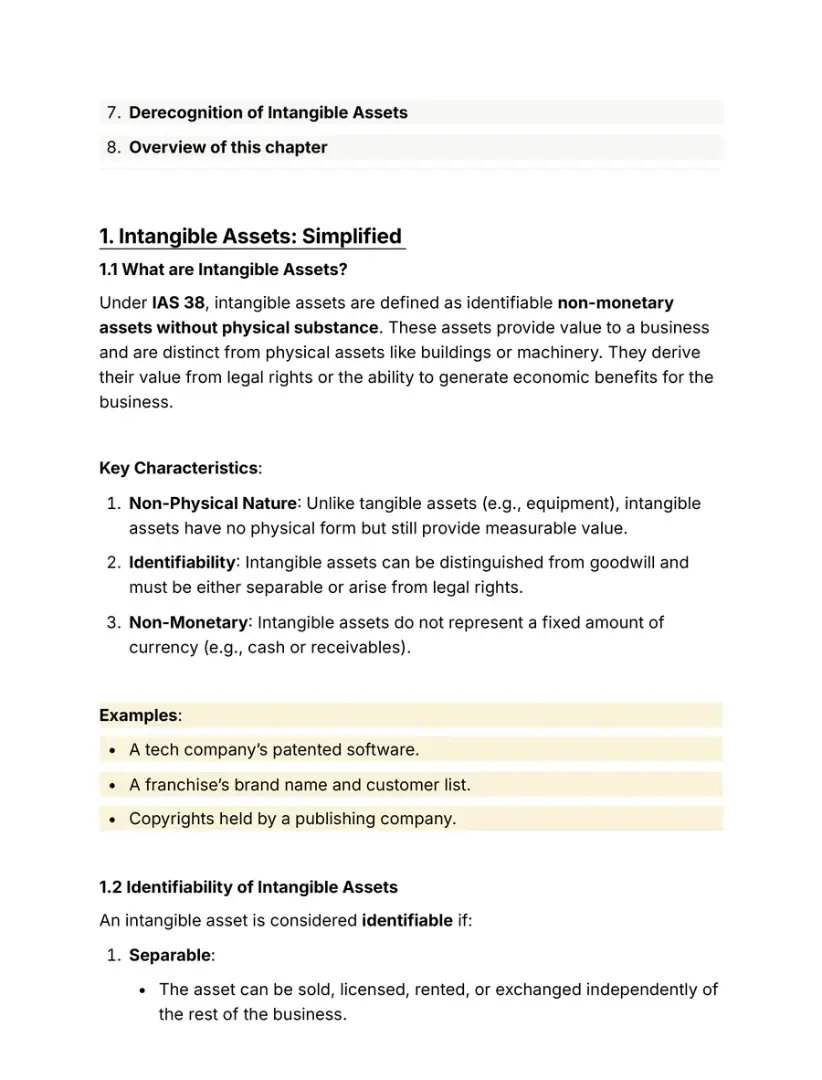 Notes page explaining intangible assets under IAS 38 with examples