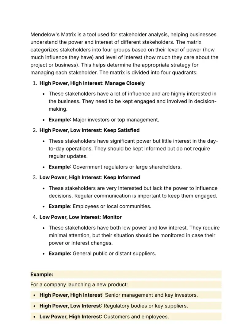 Notes page setting out Mendelow's matrix, quadrant by quadrant, with an example
