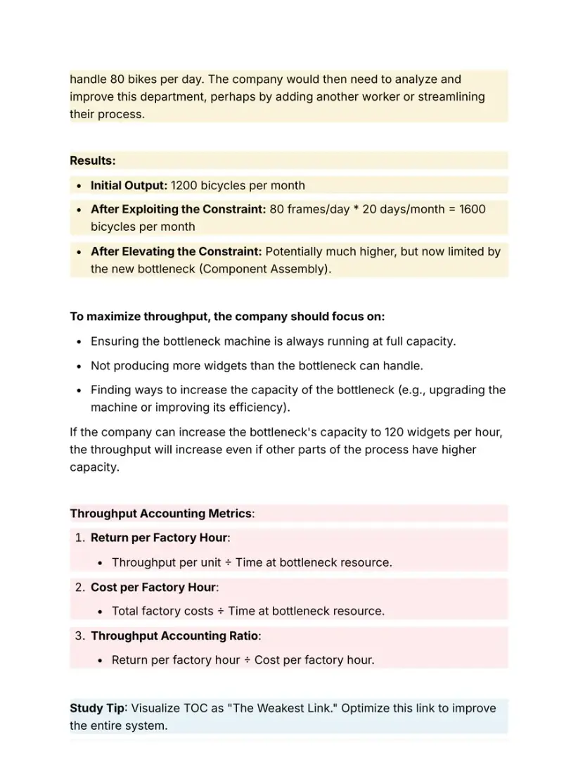 Notes page on throughput accounting metrics with a study tip on the bottleneck