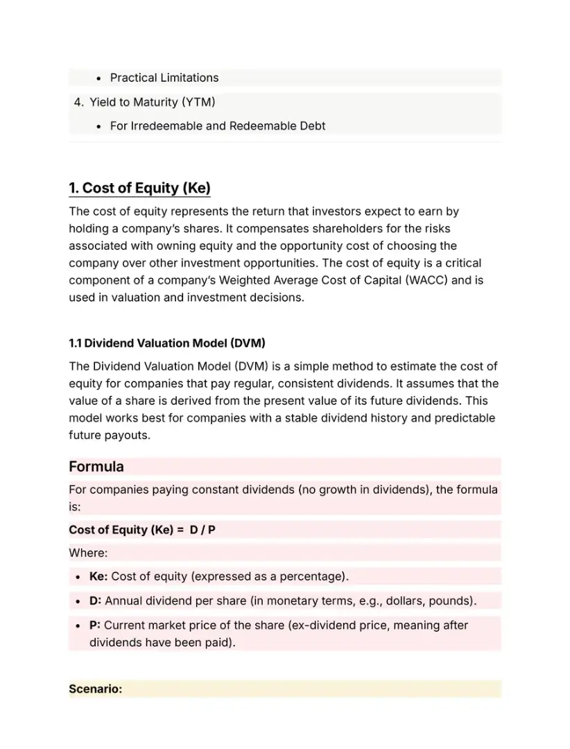 Notes page with the dividend valuation model formula for the cost of equity