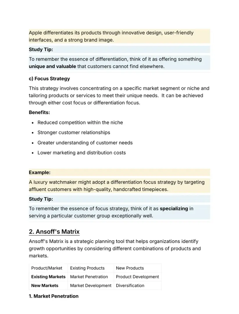 Notes page on focus strategy and Ansoff's matrix, with examples and study tips
