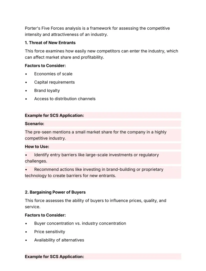 Notes page on Porter's five forces, force by force, with examples for the case study exam