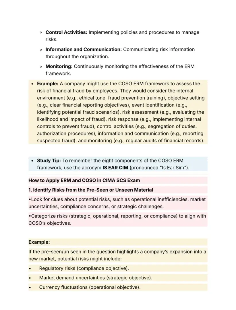 Notes page with a worked COSO ERM example and the IS EAR CIM study tip