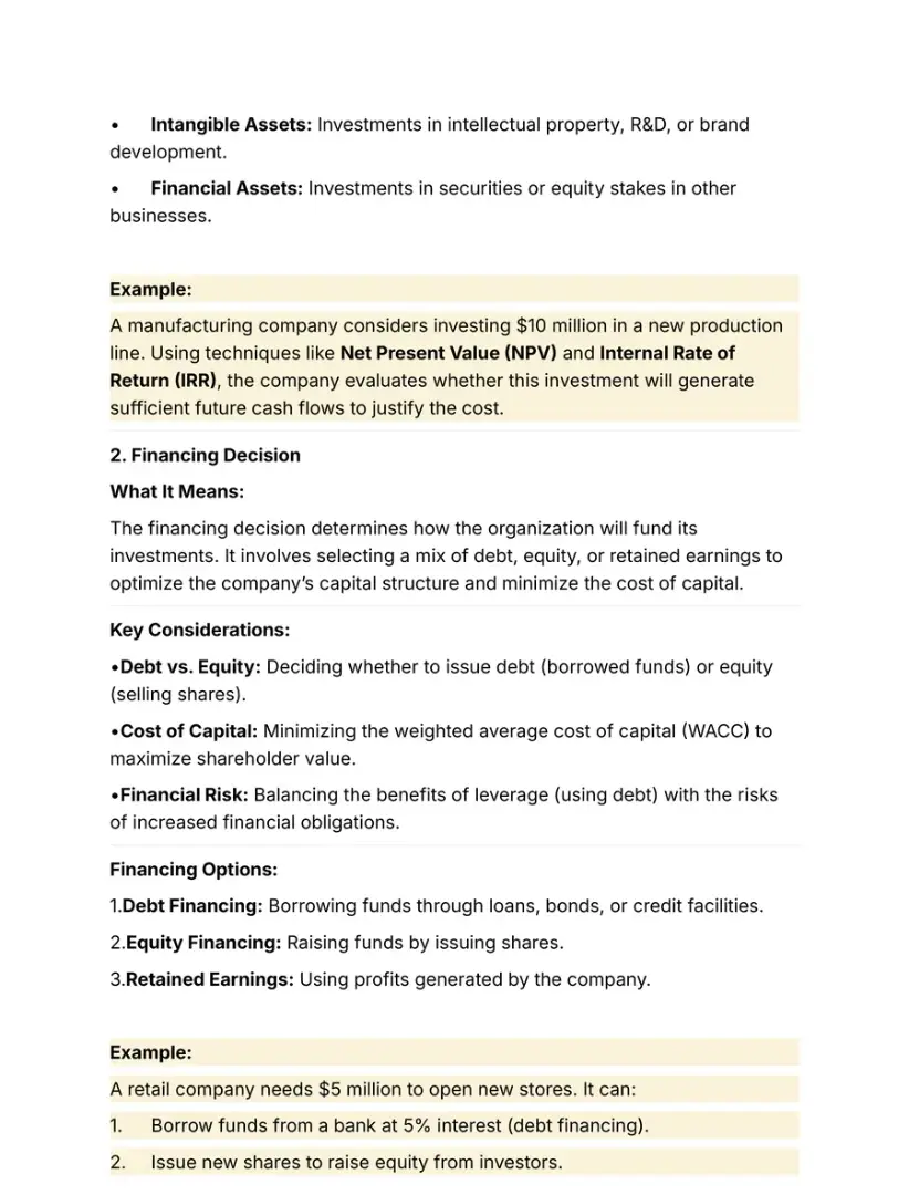 Notes page on the financing decision, debt or equity, with worked examples