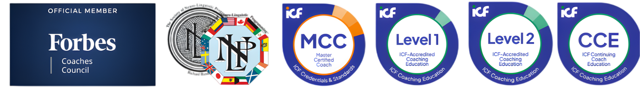 UCLA Extension, Harvard Business School, NLP, MCC ICF, Forbes Coaches Council, CCE Logo 