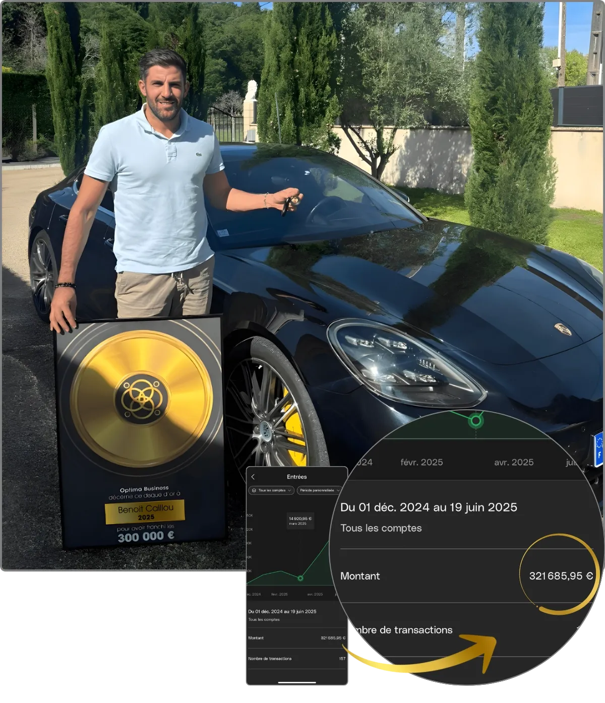 Notre élève Sébastien devant sa nouvelle voiture et son trophée récompense pour avoir atteint plus de 300 000 Euros de revenus