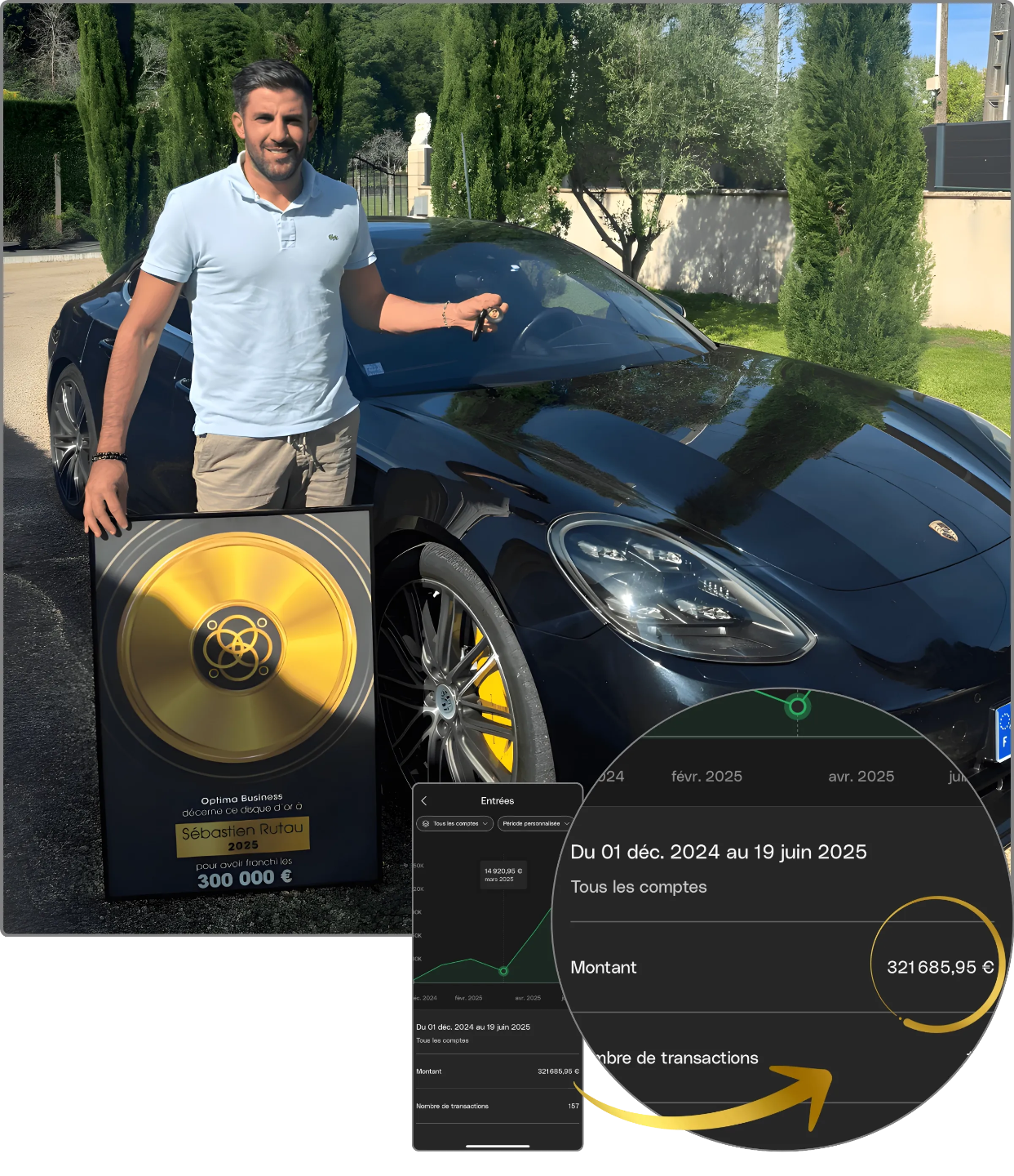 Notre élève Sébastien devant sa nouvelle voiture et son trophée récompense pour avoir atteint plus de 300 000 Euros de revenus