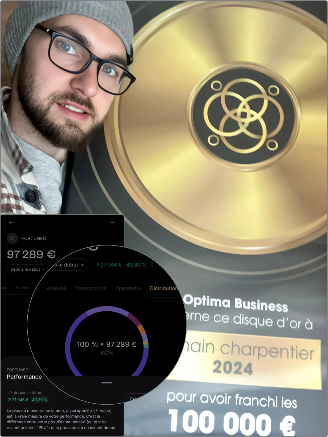 Notre élève romain se prenant en photo avec son trophée cadeau qui lui a été offert lorsqu'il à atteint 100 000 euros de résultats financiers