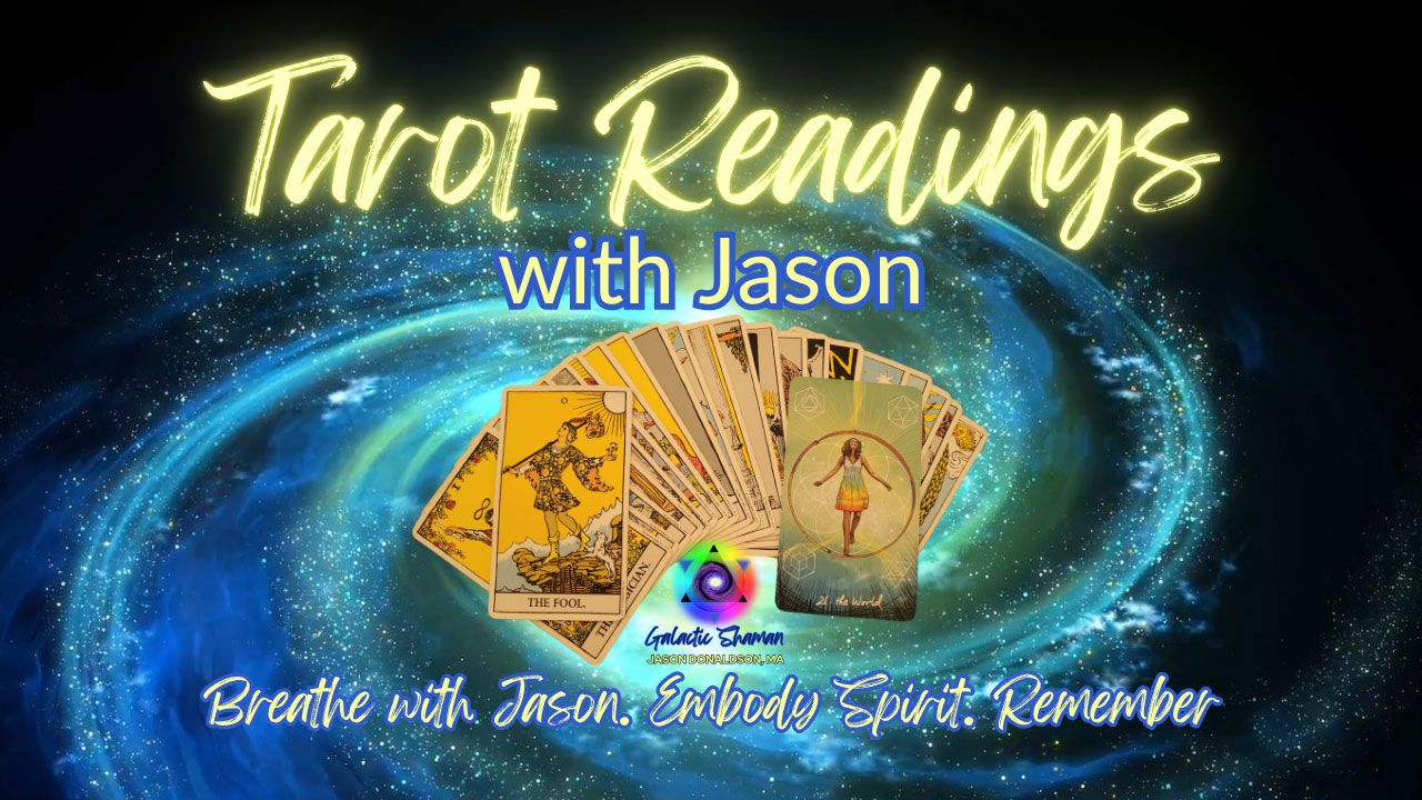 Tarot cards spread out in front of a galactic spiral galaxy