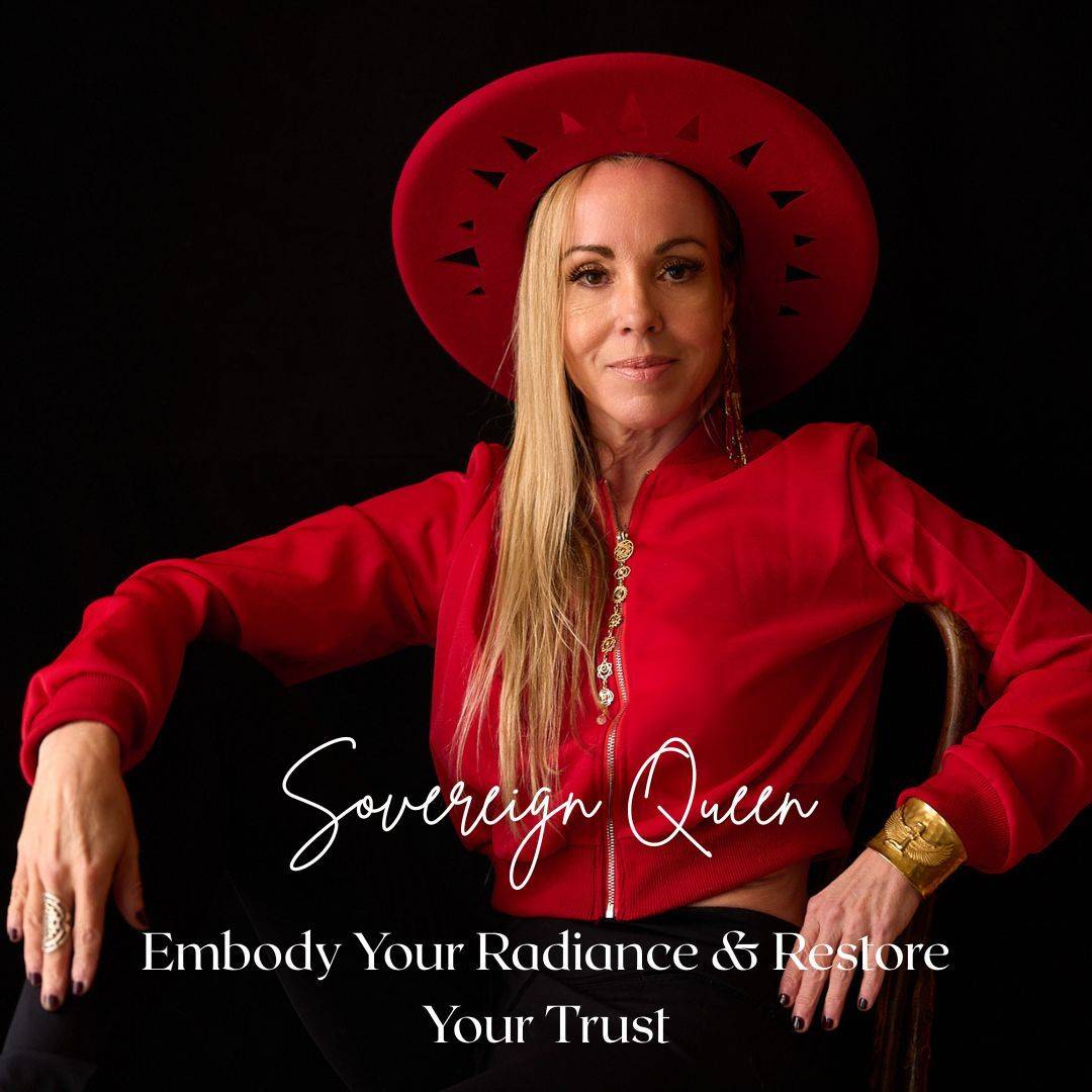 Sovereign Queen program cover: Dawn Light Amora, spiritual life coach, in a red hat and outfit, 'Embody Your Radiance & Restore Your Trust'Sovereign Queen program cover: Dawn Light Amora in a red hat and outfit, 'Embody Your Radiance & Restore Your Trust'