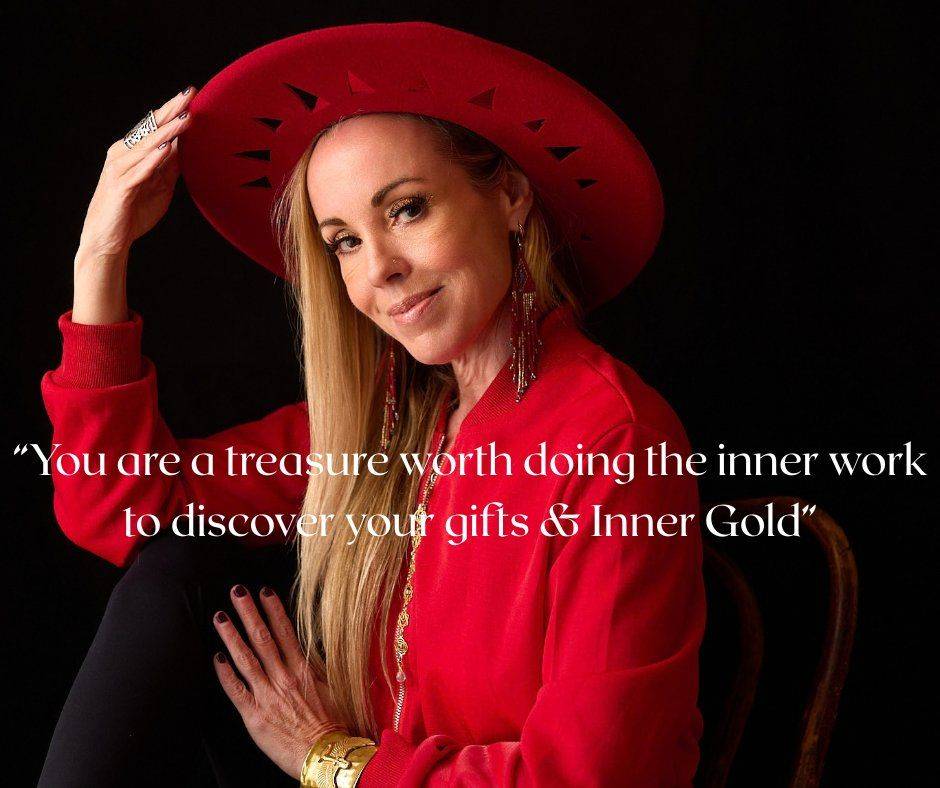 Dawn Light Amora, spiritual life coach, in a red hat and outfit with hands clasped, quote overlay reading 'You are a treasure worth doing the inner work to discover your gifts & Inner Gold'Dawn Light Amora in a red hat and outfit with hands clasped, quote overlay reading 'You are a treasure worth doing the inner work to discover your gifts & Inner Gold'